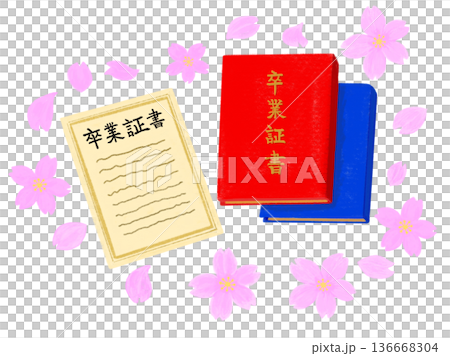 赤色・青色のファイルと卒業証書の周りに桜の花飾りのイラスト 136668304
