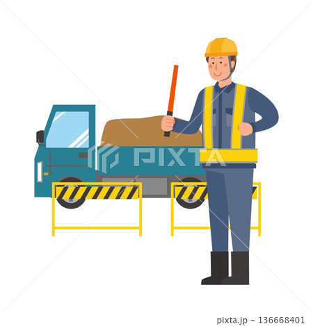 工事現場で車両誘導する男性 工事現場で車両誘導する男性 136668401