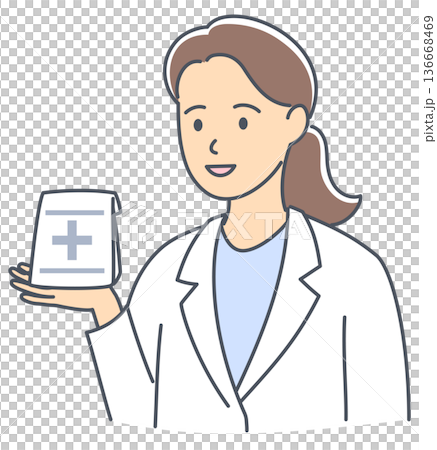Upper body female pharmacist holding medicine in hand Upper body female pharmacist holding medicine in hand 136668469