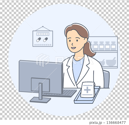 薬局のパソコンの前でオンライン服薬指導をする女性薬剤師 136668477