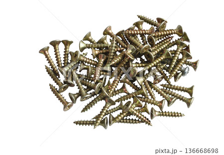 A pile of short yellow screws. 136668698
