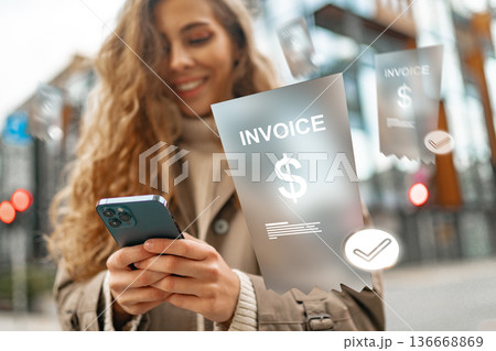 Payment process for banking invoice using mobile device in a busy city setting Payment process for banking invoice using mobile device in a busy city setting 136668869