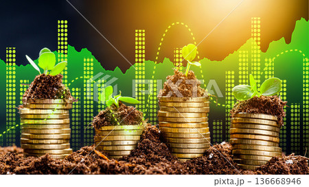 Growth of investment and finance through planting seeds in soil with coins Growth of investment and finance through planting seeds in soil with coins 136668946