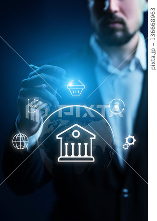 Banking invoice payment process in a digital setting with financial icons and symbols 136668963