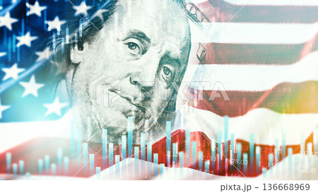 Financial trends and American symbols combine in a digital graphic scene with dollar bills Financial trends and American symbols combine in a digital graphic scene with dollar bills 136668969