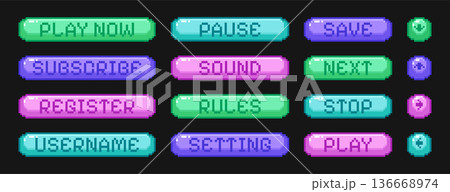 Colorful 8bit retro pixel art buttons, interface menu icons or video game symbols 136668974