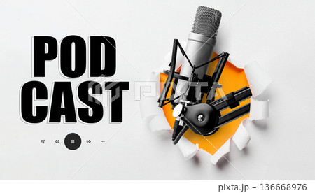 Podcast microphone setup on white background with orange detail and broken paper effect Podcast microphone setup on white background with orange detail and broken paper effect 136668976