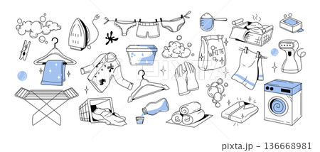 Hand drawn laundry doodle icon set with clothes, washer detergents and washing machines Hand drawn laundry doodle icon set with clothes, washer detergents and washing machines 136668981