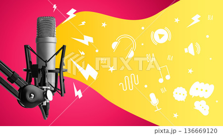 Podcast recording setup on a colorful background with music-related icons Podcast recording setup on a colorful background with music-related icons 136669120