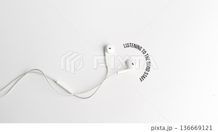 People listen to podcasts with white earphones on a plain background People listen to podcasts with white earphones on a plain background 136669121
