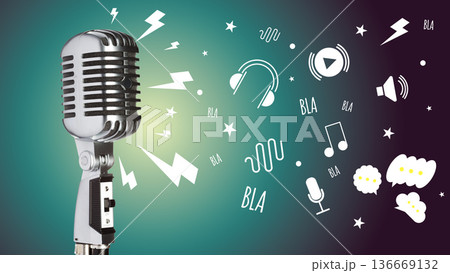 Podcast microphone with sound elements active during recording session Podcast microphone with sound elements active during recording session 136669132