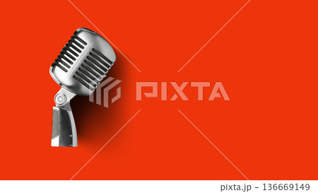 Record new podcast episode using vintage microphone on bright red background Record new podcast episode using vintage microphone on bright red background 136669149