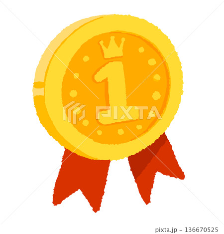手書きのかわいい金メダルのアイコン。リボン付きのコインメダル。フラットなベクターイラスト。 136670525