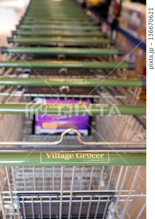 Grocery shopping carts lined up at Village Grocer in Penang's market area Grocery shopping carts lined up at Village Grocer in Penang's market area 136670621