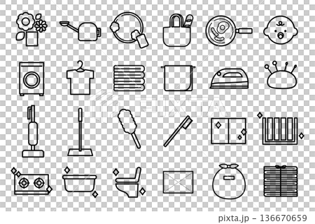 家事のミニマル線画イラストセット|料理・掃除等日常的な家事素材 家事のミニマル線画イラストセット|料理・掃除等日常的な家事素材 136670659