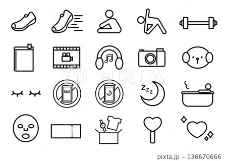 リラックス・デトックス関連のシンプルでミニマルなアイコンセット リラックス・デトックス関連のシンプルでミニマルなアイコンセット 136670666