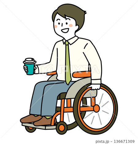 コーヒーを持っている車椅子ユーザーのイラスト（） 136671309