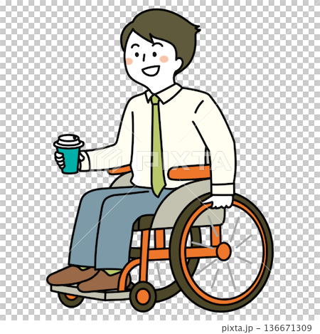 コーヒーを持っている車椅子ユーザーのイラスト（） 136671309