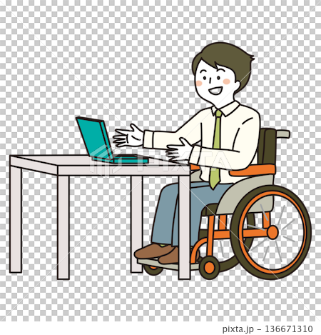 車椅子ユーザーが机でノートパソコンを操作するイラスト（ビジネス） 136671310