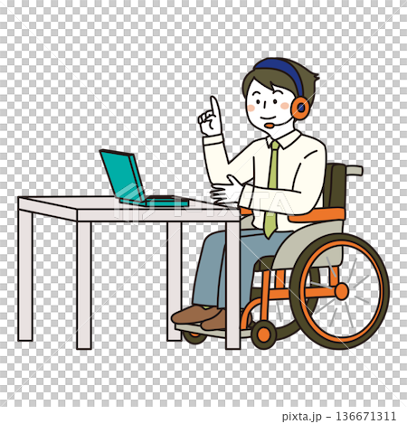 車椅子ユーザーが机でリモート会議をするイラスト(ビジネス) 車椅子ユーザーが机でリモート会議をするイラスト(ビジネス) 136671311