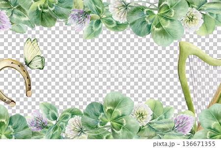 White and lilac clover flowers and leaves in double border template with harp,horseshoe,butterfly,symbolizing bloom,new life,and luck.Watercolor for,invites,joyful seasonal festive of St Patricks Day White and lilac clover flowers and leaves in double border template with harp,horseshoe,butterfly,symbolizing bloom,new life,and luck.Watercolor for,invites,joyful seasonal festive of St Patricks Day 136671355