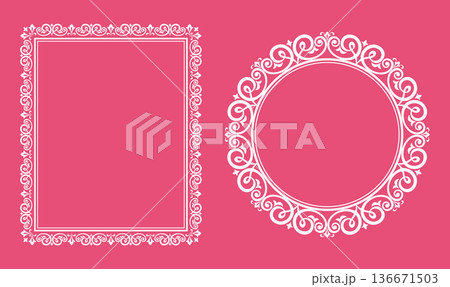 Set of decorative frames Elegant vector element for design in Eastern style, place for text. Floral pink and white frames. Lace illustration for invitations and greeting cards Set of decorative frames Elegant vector element for design in Eastern style, place for text. Floral pink and white frames. Lace illustration for invitations and greeting cards 136671503