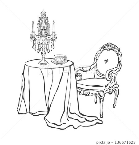 A romantic breakfast, elegant table setting, a flirty decorative tablecloth, candles, and a cup of tea. A composition of a table, chair, and decor in the Rococo and Baroque styles. Hand-drawn vector A romantic breakfast, elegant table setting, a flirty decorative tablecloth, candles, and a cup of tea. A composition of a table, chair, and decor in the Rococo and Baroque styles. Hand-drawn vector 136671625