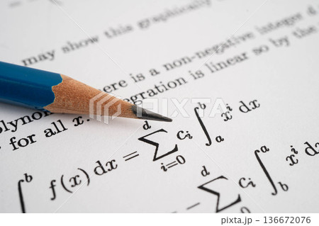 Pencil on mathematic formula exercise test paper in education school. 136672076