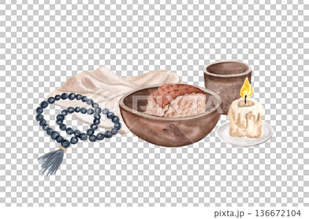 Rosary beads, folded burial cloth, burning candle stub, clay cup, bowl with bread watercolor isolated on white. Perfect for Ash Wednesday, Holy Week, church media, sermons, posters, faith-based design 136672104