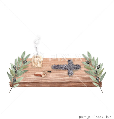Ash cross on wooden table with burning candle, matchbox, olive branches Watercolor illustration isolated on white background. Symbol of Ash Wednesday and Lent, hand painted religious composition 136672107