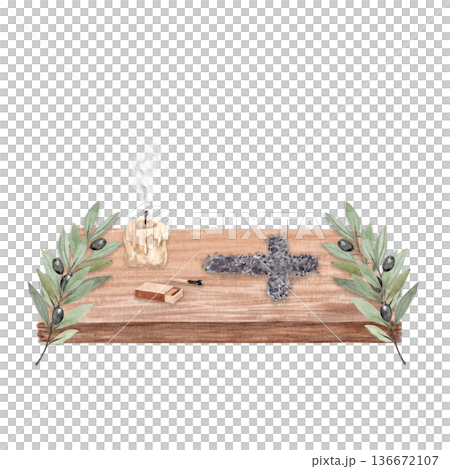 Ash cross on wooden table with burning candle, matchbox, olive branches Watercolor illustration isolated on white background. Symbol of Ash Wednesday and Lent, hand painted religious composition 136672107