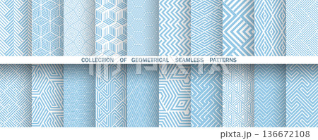 Geometric set of seamless blue and white patterns. Simple vector graphics 136672108