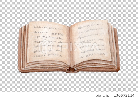 Open book with text watercolor illustration isolated on white. Hand-painted object, copy space, ideal for education, reading concepts, publishing projects, presentations, posters, editorial design 136672114