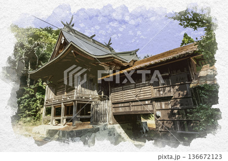 水彩画風　椙宮八幡神社　本殿　広島県福山市 136672123