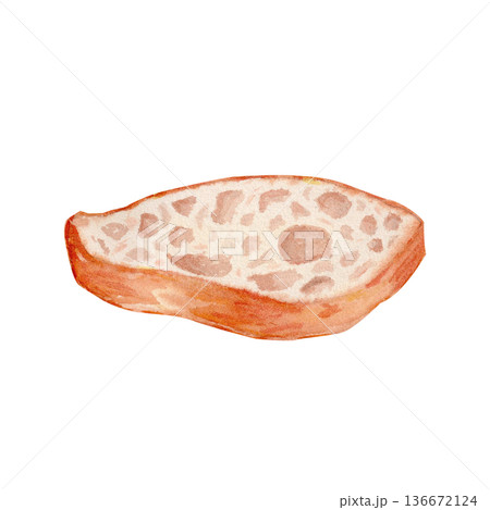 Baguette slice isolated on white background, hand-painted watercolor illustration with crust texture and airy detail, perfect for bakery branding, menu design, packaging, food blogs, print projects Baguette slice isolated on white background, hand-painted watercolor illustration with crust texture and airy detail, perfect for bakery branding, menu design, packaging, food blogs, print projects 136672124