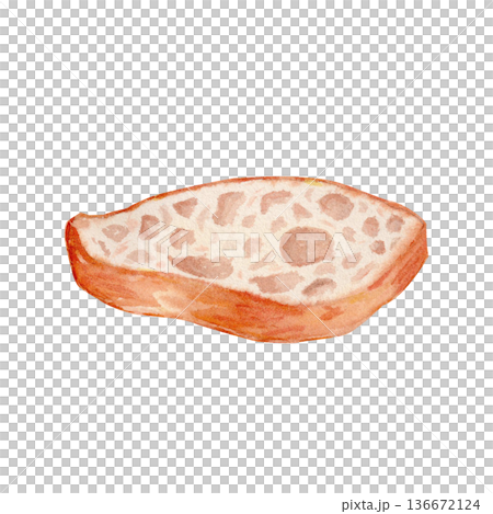 Baguette slice isolated on white background, hand-painted watercolor illustration with crust texture and airy detail, perfect for bakery branding, menu design, packaging, food blogs, print projects 136672124
