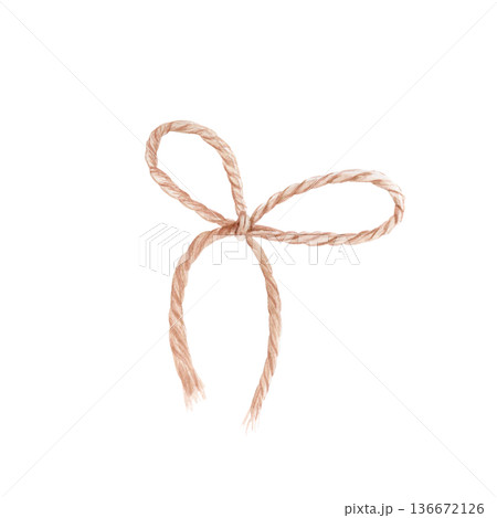 Rustic rope bow, hand-painted watercolor illustration isolated on white background. Ideal for gift wrapping design, packaging decoration, wedding invitations, branding, labels and craft projects. Rustic rope bow, hand-painted watercolor illustration isolated on white background. Ideal for gift wrapping design, packaging decoration, wedding invitations, branding, labels and craft projects. 136672126