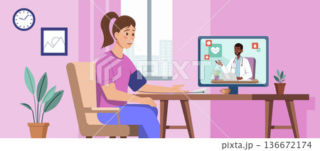Online Doctor Consult Woman with Blood Pressure Check 136672174
