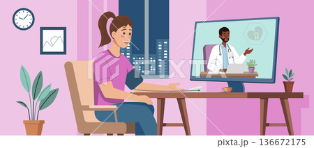 Online Doctor Consult Woman with Blood Pressure Check 136672175