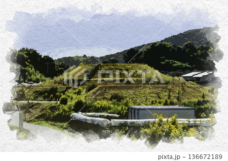 水彩画風　千足古墳　造山第5号墳　岡山県岡山市 136672189