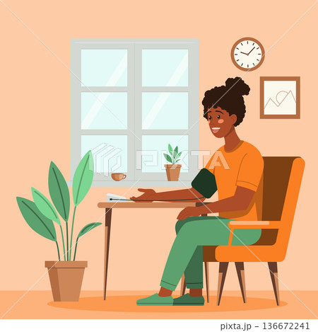 Dark Skinned Woman Measuring Blood Pressure at Home Dark Skinned Woman Measuring Blood Pressure at Home 136672241