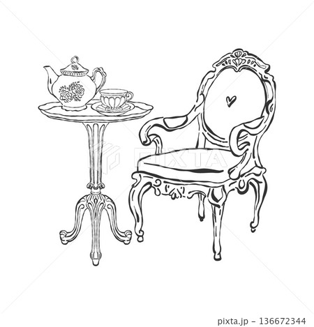 A romantic breakfast, elegant table setting, teapot, and cup of tea. A composition of a table, chair, and decor in the Rococo and Baroque styles. Hand-drawn vector illustration of a Victorian interior A romantic breakfast, elegant table setting, teapot, and cup of tea. A composition of a table, chair, and decor in the Rococo and Baroque styles. Hand-drawn vector illustration of a Victorian interior 136672344