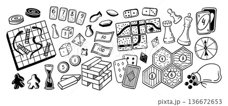 Board game doodle. Snakes ladders board, dice, dominoes, cards and chess, tokens, money, tiles, hourglass, spinner. Hand drawn vector illustration 136672653