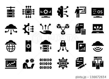 Information technology icons. Cloud computing, database server and artificial intelligence development, microchip, cpu and blockchain, fintech signs. Binary code programming, network vector set 136672654