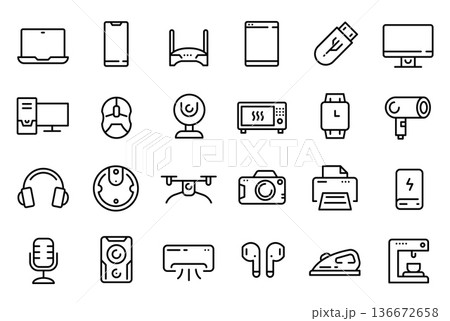 Device line icons. Electronics gadget, appliance. Desktop computer, monitor and laptop, smartphone and webcam, microphone and speaker, headphones and camera, printer and smartwatch. Vector set 136672658