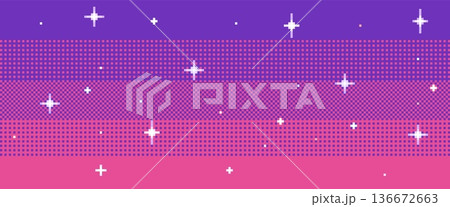Sunset pixel sky. 8bit magic pink star field with dithering, pixelated stars. 80s galaxy interstellar, retro 2D arcade videogame. Vaporwave or synthwave wallpaper universe pattern. Vector background 136672663
