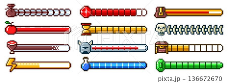 Pixel progress bar. 8bit 80s arcade game status indicator, rpg gaming pixelated UI. Health meter, energy level, hourglass and food symbols. Emerald, helmet and treasures chest, skull. Vector set 136672670