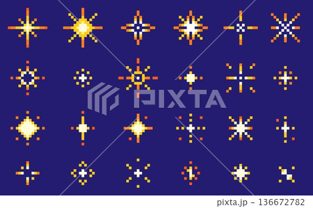 Pixel star 8bit icons. 80s retro sparks pixel art, sparkle emoji. Video arcade game pixelated firework burst, magic night space twinkle. Yellow 90s y2k starburst, golden color flash vfx. Vector set Pixel star 8bit icons. 80s retro sparks pixel art, sparkle emoji. Video arcade game pixelated firework burst, magic night space twinkle. Yellow 90s y2k starburst, golden color flash vfx. Vector set 136672782