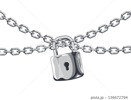Metal chain and padlock. Steel closed lock on chains 3d realistic isolated vector background. Internet security, privacy protection and encrypted password, safety login and firewall business concept 136672794