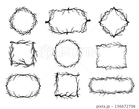 Rustic branch frame. Abstract dry twigs botanical borders, decorative entwined tree branches. Circle, square and oval, rectangle hand drawn roots. Vintage spooky Halloween mystical vector decoration 136672796